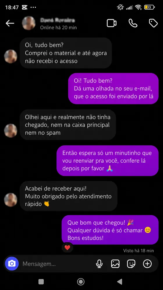 Print de feedback sobre atendimento rápido e recebimento do acesso