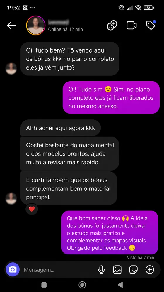 Print de feedback sobre bônus do plano completo e revisão mais rápida