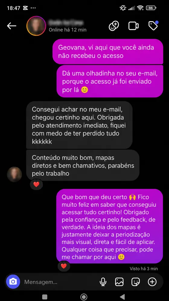Print de feedback sobre conteúdo bom, mapas diretos e atendimento imediato